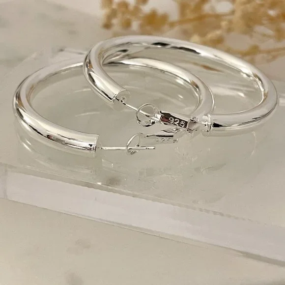 925 Sterling Silver Hoop Earrings Large Silver Hoops Chunky Earrings - Picture 4 of 5